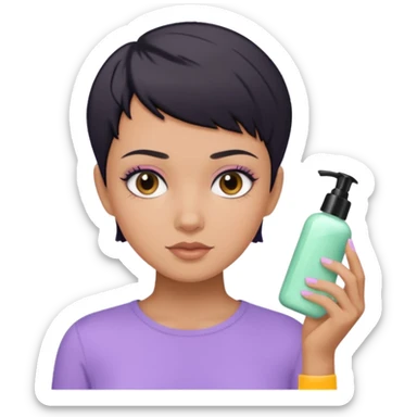 tan girl with pastel purple shirt with black hair & a pixie, doing her skin care sticker