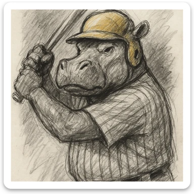 hippo holding a baseball bat, wearing a yellow helmet, pinstripes outfit sticker