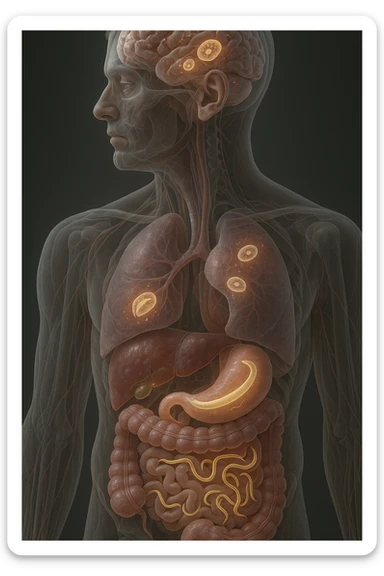 Vertical, hyper-realistic 3D cutaway illustration: the human body is shown in semi-transparent layers, exposing various types of parasites (tapeworms, roundworms, protozoa) inside the digestive tract and other organs. The parasites are rendered in vivid detail, with realistic lighting and shadows. Key areas of infection are highlighted sticker
