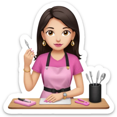 Fille cheveux long châtain foncé, peau beige type européen yeux marron, teeshirt rose avec un tablier noir, piercing au nez anneau doré, boucle d’oreille type diamant doré. Elle fait les ongles nail artiste sticker