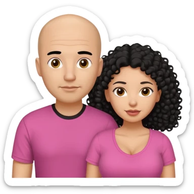 A picture if a couple. the man is a Mexican man with  black hair, a bald hair cut and with a black t-shirt on. the woman is mixed with black and white, with brown curly long hair and a pink shirt on and big boobs sticker