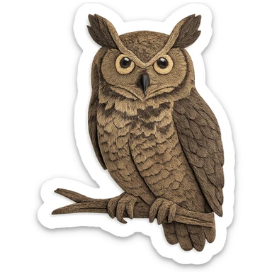 very detailed great horned owl perched on a branch, intricate cut paper textures, large ear tufts, yellow eyes, mottled brown and gray feathers, realistic markings sticker