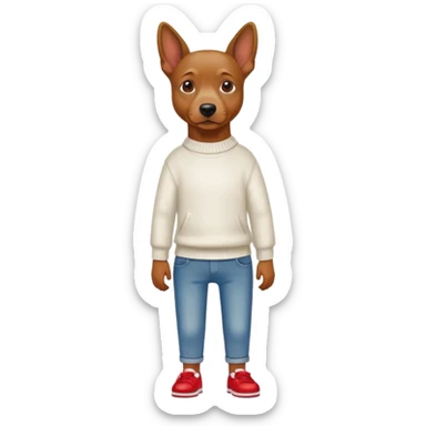 Brown dog standing upright with hands in jean pockets, wearing a white sweater and red shoes sticker