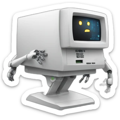 Anthropomorphic computer with a face arms and legs doing something random sticker