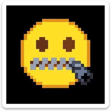 Crea una versione in stile pixel art, ispirata a questa immagine: emoji gialla con occhi semplici e bocca chiusa da una cerniera. sticker