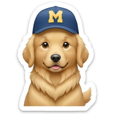 Golden retriever wearing Michigan hat and jersey sticker