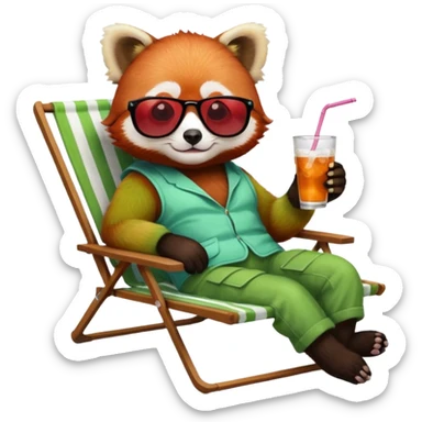 Red panda laying back on lawn chair with a drink wearing sun glasses sticker