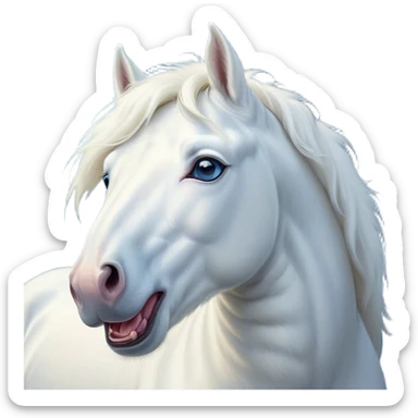 Cinematic Cute Yawning White Horse Portrait Emoji, Head tilted slightly with a dramatic, wide-open yawn, revealing a soft white fur with a subtle shimmer, floppy ears slightly drooping, round blue eyes barely open in drowsy contentment, Simplified yet irresistibly adorable features, highly detailed, glowing with a soft, cozy glow, high shine, relaxed yet expressive, stylized with a touch of whimsy, bright and endearing, soft glowing outline, capturing the essence of a sleepy yet affectionate horse, so drowsy it feels like it could stretch out of the screen and curl up for a nap! sticker