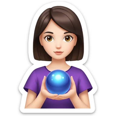 A brunette girl with a square hairstyle , with a magic ball sticker