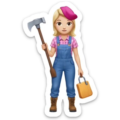 lumberjack blonde woman holding axe pink checked shirt and overall sticker