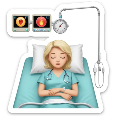 A woman in her 50s lying on an examination bed with eyes closed, shown in a wide, full-body view in a clean colonoscopy procedure room. Only the patient is visible. sticker
