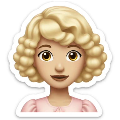 Blonde, pale girl with bangs and long, curly hair and a pastel pink puff sleeve dress sticker