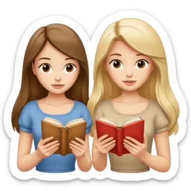 two beautiful girls in beige tops reading a beautiful vintage book. one brunette, the other blonde. both with long hair with sticker