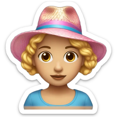 Una niña con cabello rubio corto con corte degradado, sombrero para verano rosa claro y una casaca grande azul y lentes oscuros sticker