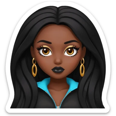 pretty black skin bratz baddie, black makeup, brown eyes, long black black people hair sticker