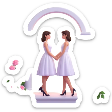 Girl in a white dress standing on a balcony, looking at a pastel sunset sky, with an arch of pink roses, shiny and glossy, on a white background, in 3D iOS emoji style. sticker