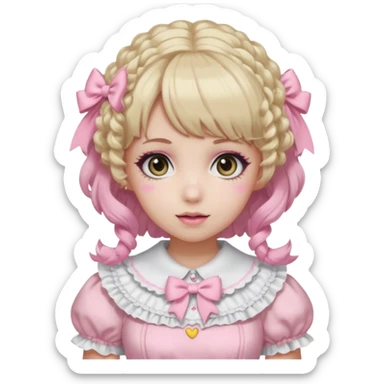 pale girl, curly medium blonde and pink hair, bangs, grey eyes, doll makeup, light pink lolita hime gyaru dress, emoji style sticker