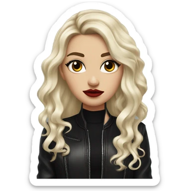 White girl, with long curly black hair, with red lipstick, black winged eyeliner, wearing black shirt and black leather jacket, rolling her eyes in annoyance  sticker