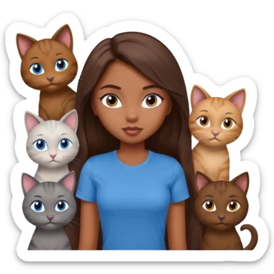 a pretty bratz dusky girl with long brown hair, blue eyes with six cats nd wearing a grey tshirt sticker