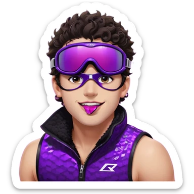 close-up of cool guy male athlete with white skin and moderately curly dark brown hair on top with shaved sides, with one purple ski goggle lens pushed up above his eyes on his forehead, sticking his tongue out of his mouth, wearing only a plain black chain necklace around his neck, and a completely unzipped sleeveless vest with purple and black sequin fire pattern design with no logo, clearly showing he is shirtless underneath with exposed chest and abs sticker