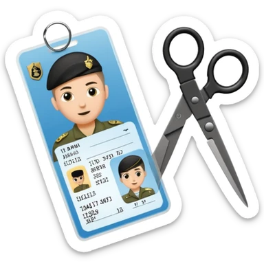 Floating black Scissors cutting in half an idf soldier ID card with a little chip in 2 parts sticker