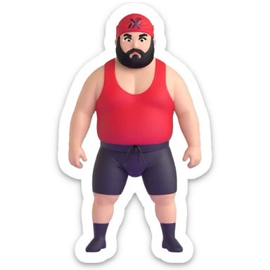 White skin fat guy with black durag, black beard, and black eyes in a red and black wrestling singlet sticker