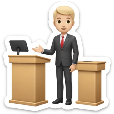 A minimal flat emoji-style icon of a person giving a presentation, standing behind a simple podium, front-facing, clean vector style, rounded shapes, no facial details, solid single color, white background, modern startup pitch deck icon sticker