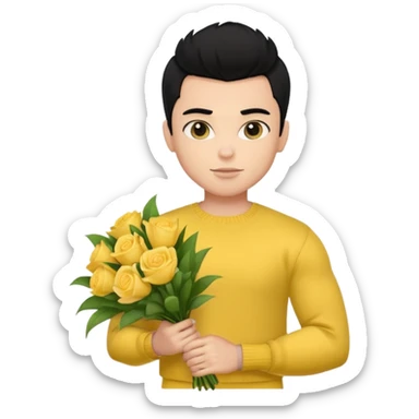 a pretty bratz guy carrying a bouquet and a yellow sweater. Muscled. black hair sticker