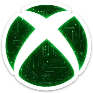 Transform the Xbox logo into a cyberpunk, holographic style with glowing neon green edges and intricate circuit patterns throughout the green part of the icon. Leave the X part transparent, so only the green area has color and effects. Maintain the recognizable Xbox shape, overlaying neon and circuit effects in a futuristic, clean style. The background should be transparent. sticker