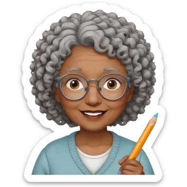 old woman teacher, brown skin, curly grey hai, wearing glasses, hold chalk on hand sticker