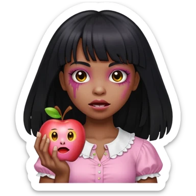 emoji apple light skinned black zombie girl with long black hair and bangs with a light pink blouse  sticker