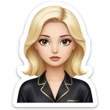blonde model with brown eyes, luxury makeup, black silk pajamas sticker