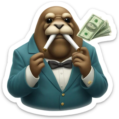 Walrus smoking a cigar holding money sticking middle finger up sticker