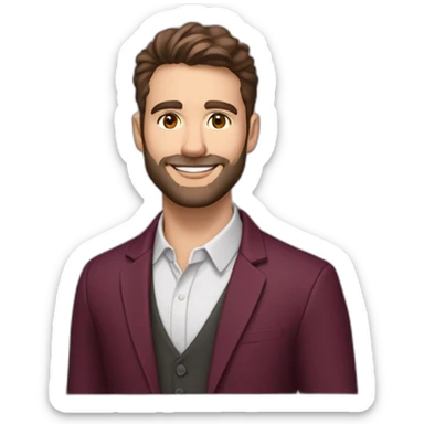 caucasion 30-year-old male teacher, brown eyes and short brown hair with short brown beard. Smiling. Wearing burgundy blazer and collarless white shirt. Wearing a purple lanyard sticker