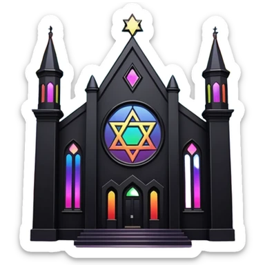 jewish synagogue temple in dark goth aesthetic style with black building and rainbow tint glass windows and star of david sticker