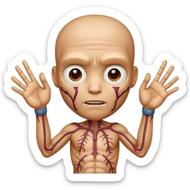 Illustrate Thing with detailed veins & stitches, posed upright giving a gesture. sticker