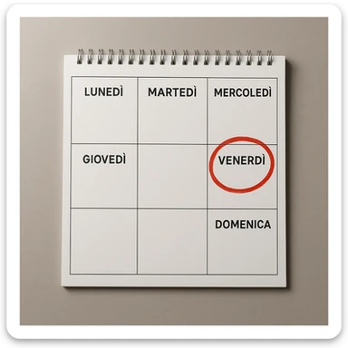weekly calendar written in Italian, days from Monday to Sunday, Friday circled in red, top view, realistic style, 4K details, modern environment sticker