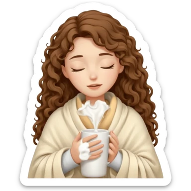 slender girl with fair skin with long curly brown hair girl closed her eyes and wrapped in a cream soft blanket holding a white mug in her hands sticker