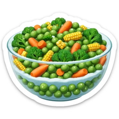 A close-up of a bowl filled with frozen mixed vegetables — peas, carrots, corn, and broccoli — covered with a light layer of frost. The colors are bright but slightly muted from freezing. Natural lighting, high-detail macro food photo. sticker