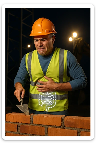 a construction worker in a reflective vest and hard hat is laying bricks at a nighttime construction site, illuminated by strong work lights. He pauses, one hand on his abdomen with a pained or uncomfortable expression, while the other holds a trowel. In the background, scaffolding and machinery are visible under the night sky. Subtle icons or overlays highlight digestive organs, suggesting the need for intestinal balance. sticker