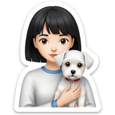Girl with short black hair and bangs holding a white schnauzer dog sticker