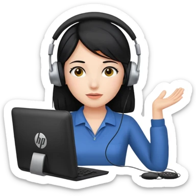 A girl is in front of an HP computer, holding it to her head, and her hair is black. sticker
