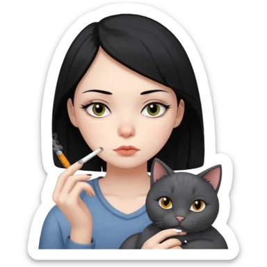 Girl with black hair and dark eyes looking sleepy smoking with her cat sticker