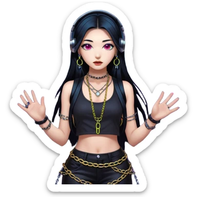  korean-techno-dj-girl,-wearing-a-stylish-edgy-outfit-with-metallic-chains,-long-black-hair,-performing-in-a-neon-lit-underground-club,-cyberpunk-aesthetic,-high-detail-3d-emoji-style,-energetic-and sticker