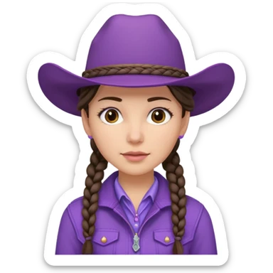 Brunette cowgirl with braids and soft purple hat and jacket sticker