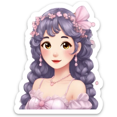 Gorgeous anime style lady with blushing face and accessories cottagecore fairycore Kawaii anime colorful pearly romantic aesthetic trending style sticker