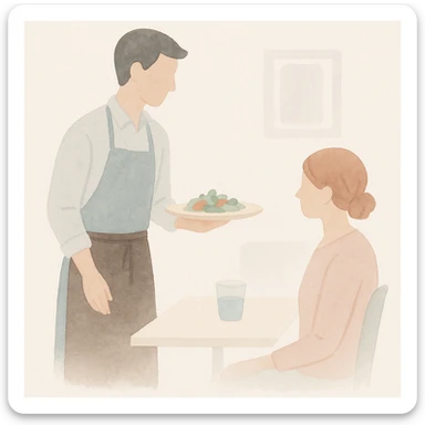 soft watercolor illustration in a minimalist modern style, waiter serving food in a restaurant, pastel colors, delicate linework, gentle whimsical mood, minimal soft shading sticker