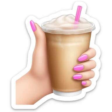 white left female hand with long pink nails clutching iced  coffee sticker