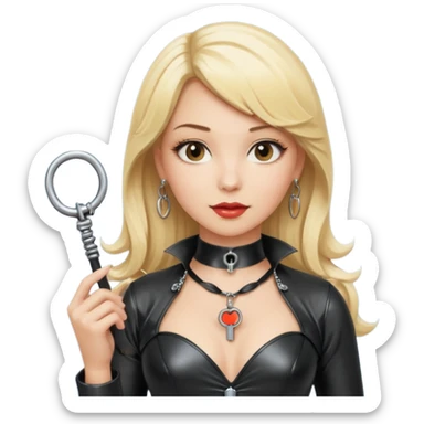 Dominatrix with blonde hair, latex outfit, old fashioned key necklace, and a whip sticker