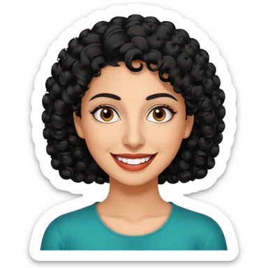 30 year old iranian woman very short curly black hair, big brown eyes, tanned skin, big smile, white teeth, pretty, stylish, shorter hair sticker